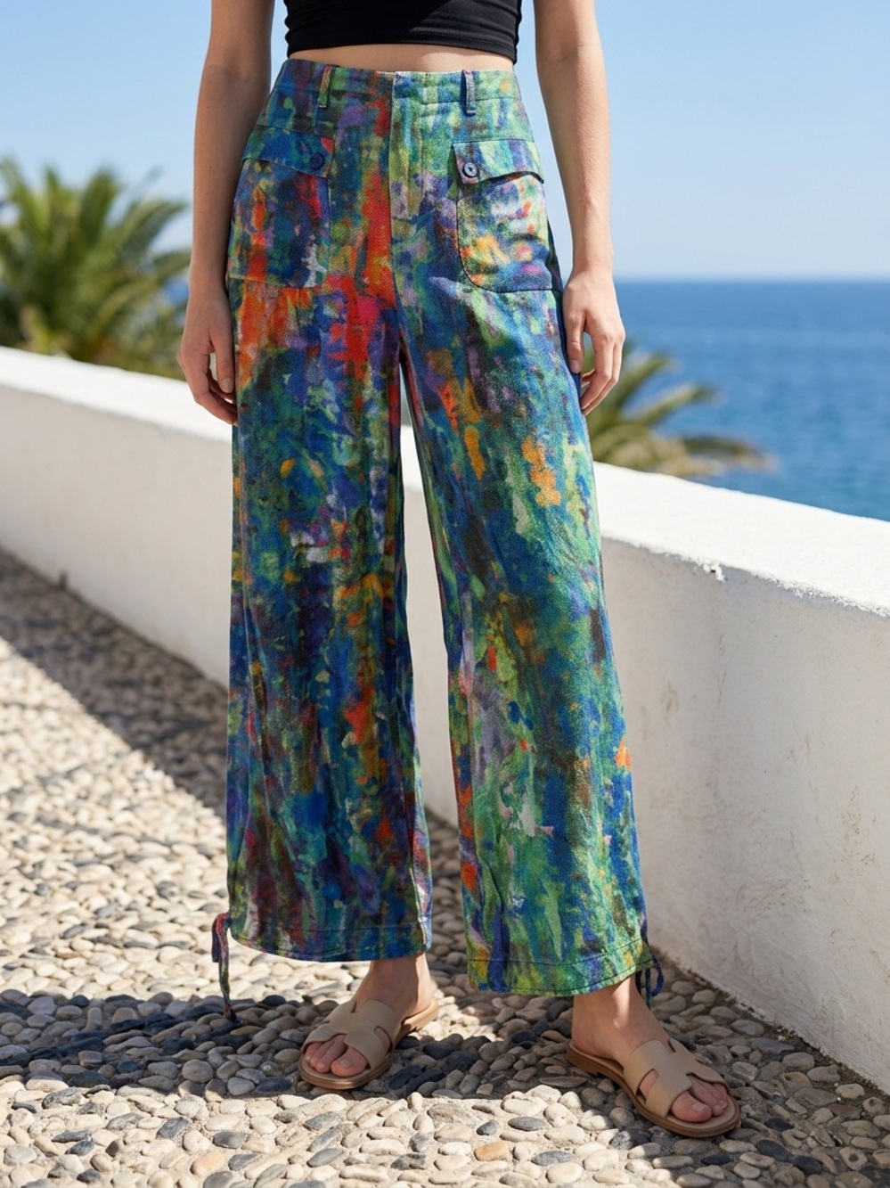 NWT DAVI & DANI Abstract Printed Denim Wide Adjustable Balloon Bottom Pants